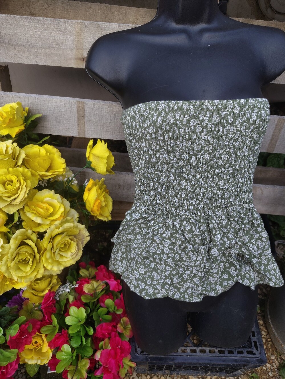Smocked Olive Green Floral Strapless Crop Top